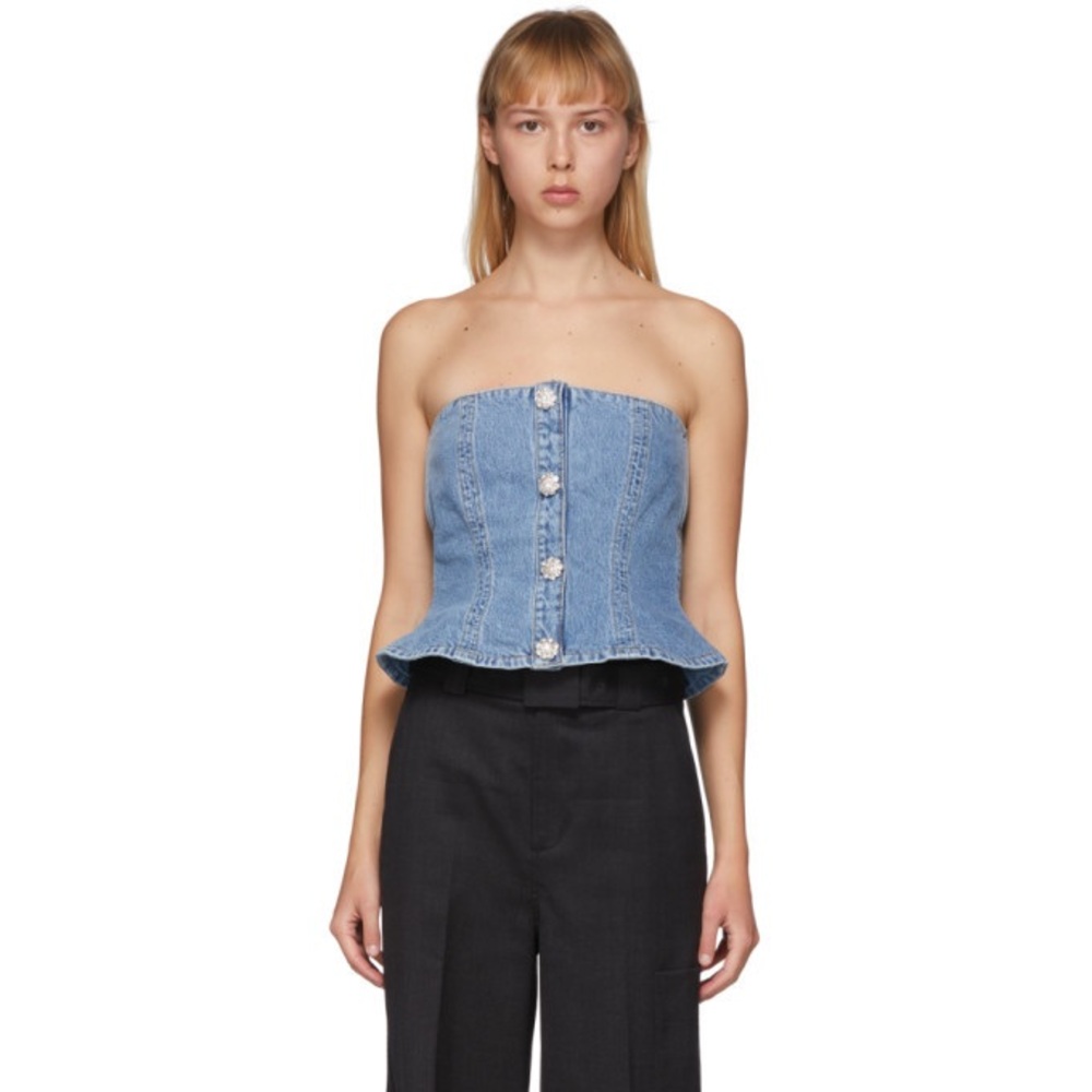 Ganni Rhinestone-Embellished Washed Denim Bustier Top size 34